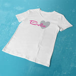 Pink Bella Heart ladies v-neck white t-shirt on a table