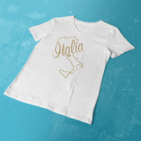 Italia Gold Foil Map ladies v-neck white t-shirt on a table