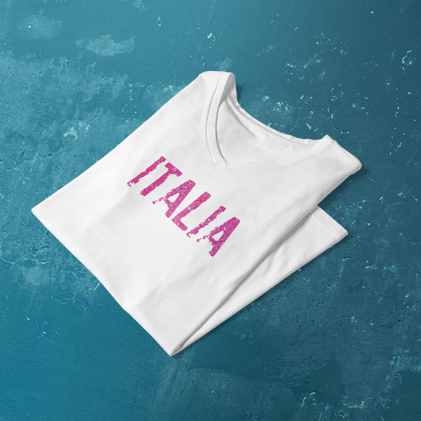 Distressed Italia pink glitter ladies v-neck white t-shirt folded
