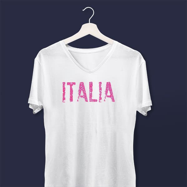 Distressed Italia pink glitter ladies v-neck white t-shirt on a hanger