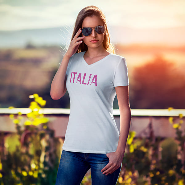Distressed Italia pink glitter ladies v-neck white t-shirt on a woman