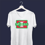 FBI Stamp ladies v-neck white t-shirt on a hanger