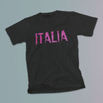 Distressed Italia pink glitter youth girls black t-shirt on a table