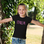Distressed Italia pink glitter youth girls black t-shirt on a girl
