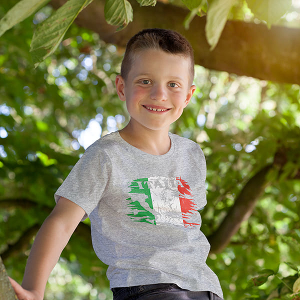 Italian paint with boot youth gray t-shirt on a boy