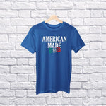 American made with Italian parts youth navy t-shirt on a hanger