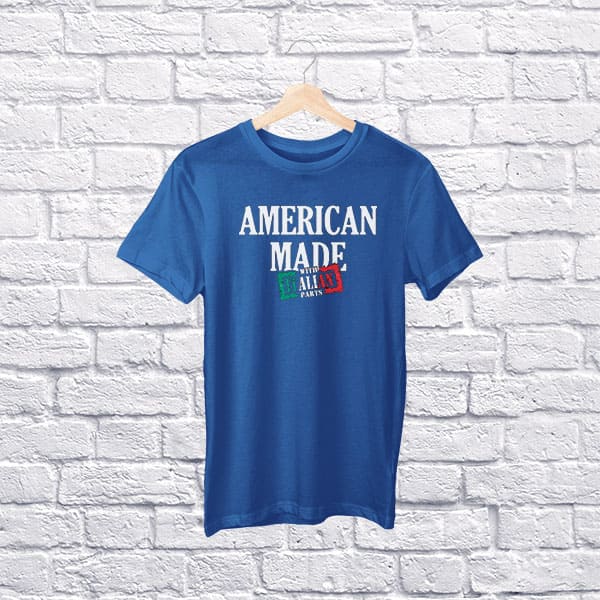 American made with Italian parts youth navy t-shirt on a hanger