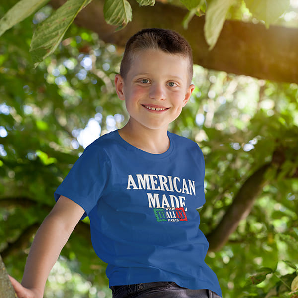 American made with Italian parts youth navy t-shirt on a boy