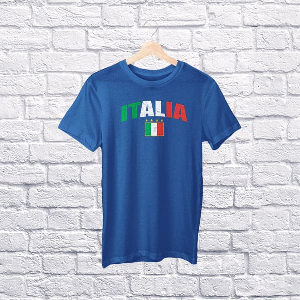 Distressed Italia soccer youth navy t-shirt on a hanger