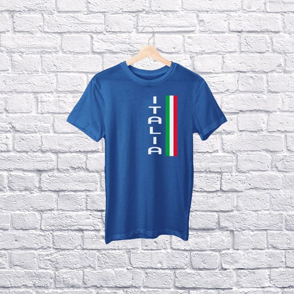 Vertical Italia youth royal blue t-shirt on a hanger