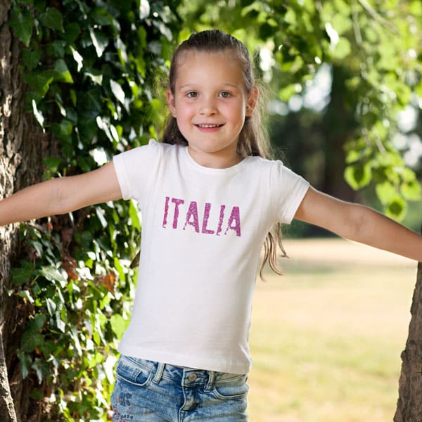 Distressed Italia pink glitter youth girls white t-shirt on a girl